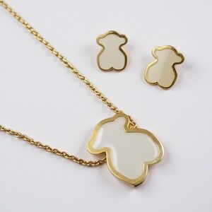 Gold and Mother of Pearl Tous Bear Mother of Shell Necklace Earrings Set